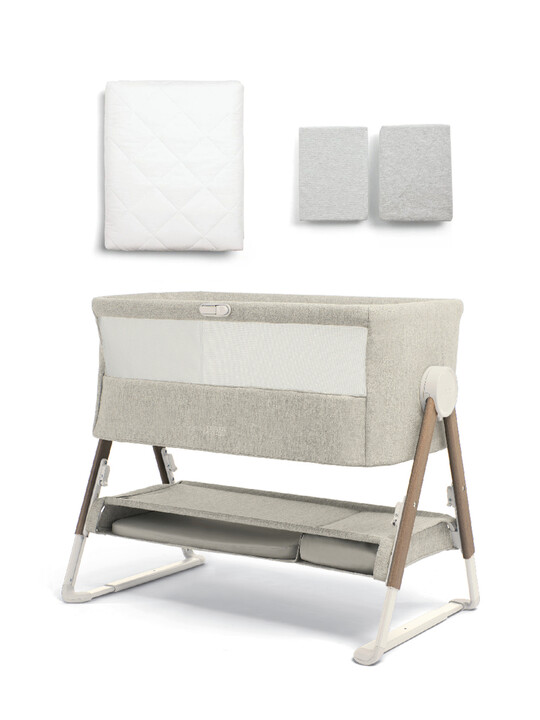 Lua Bedside Crib Bundle Beige with Mattress Protector & Fitted Sheets - Stripe / Grey image number 1